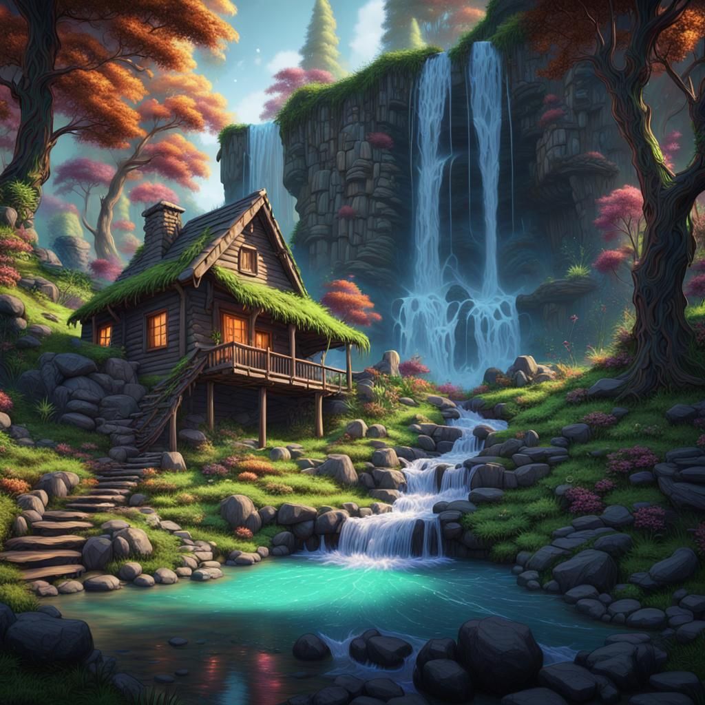 Hidden Waterfall Landscape Near Cozy Cabin