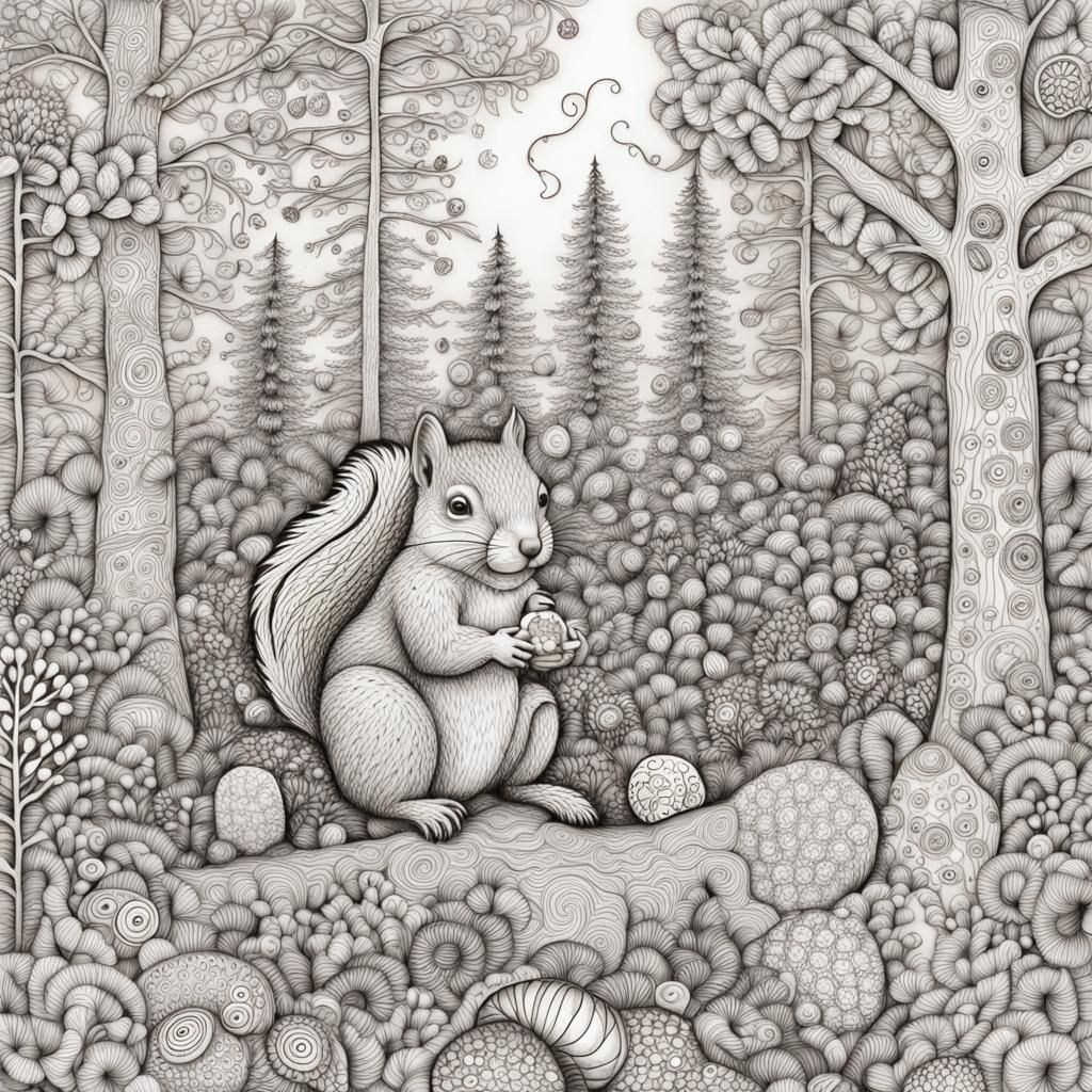 Detailed Zentangle Treescape with Squirrel and Hedgehog