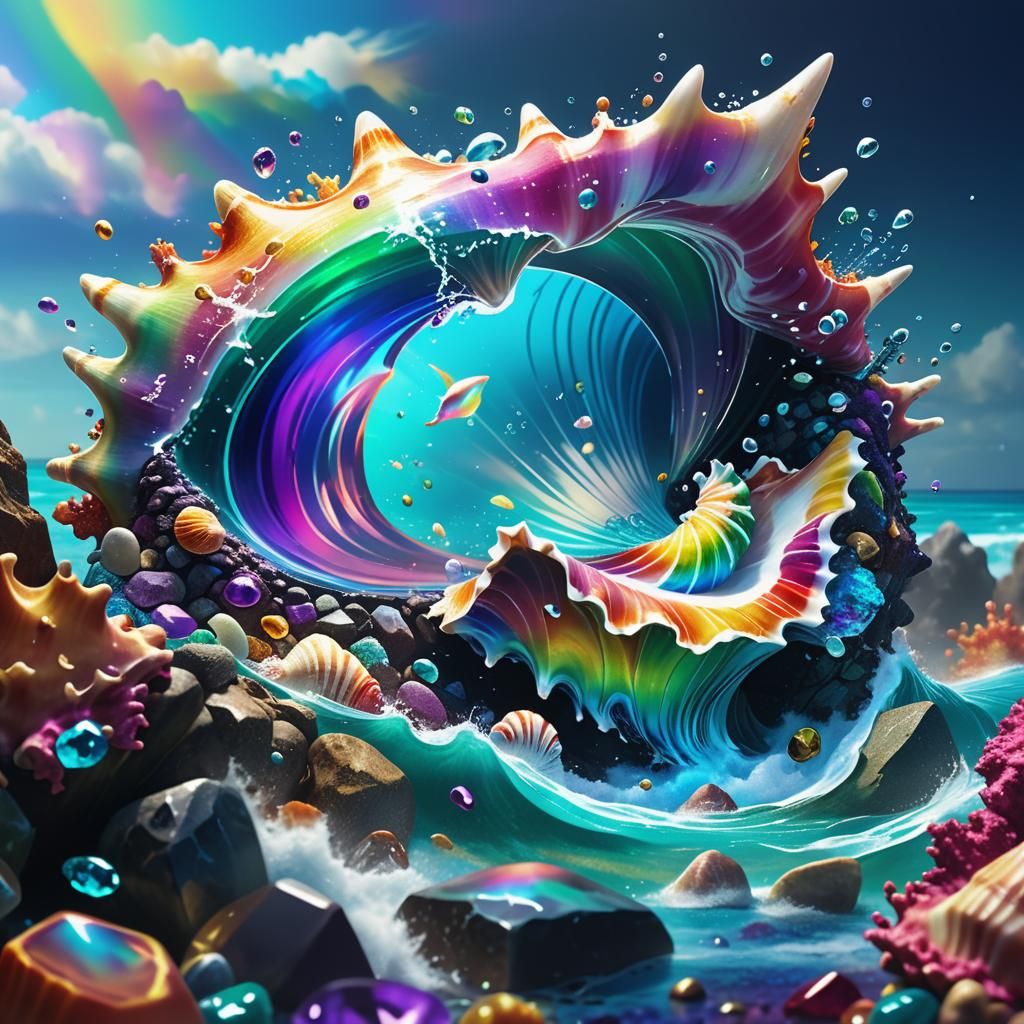 Rainbow Conch Plunges into Gemstone Sea: Digital Art