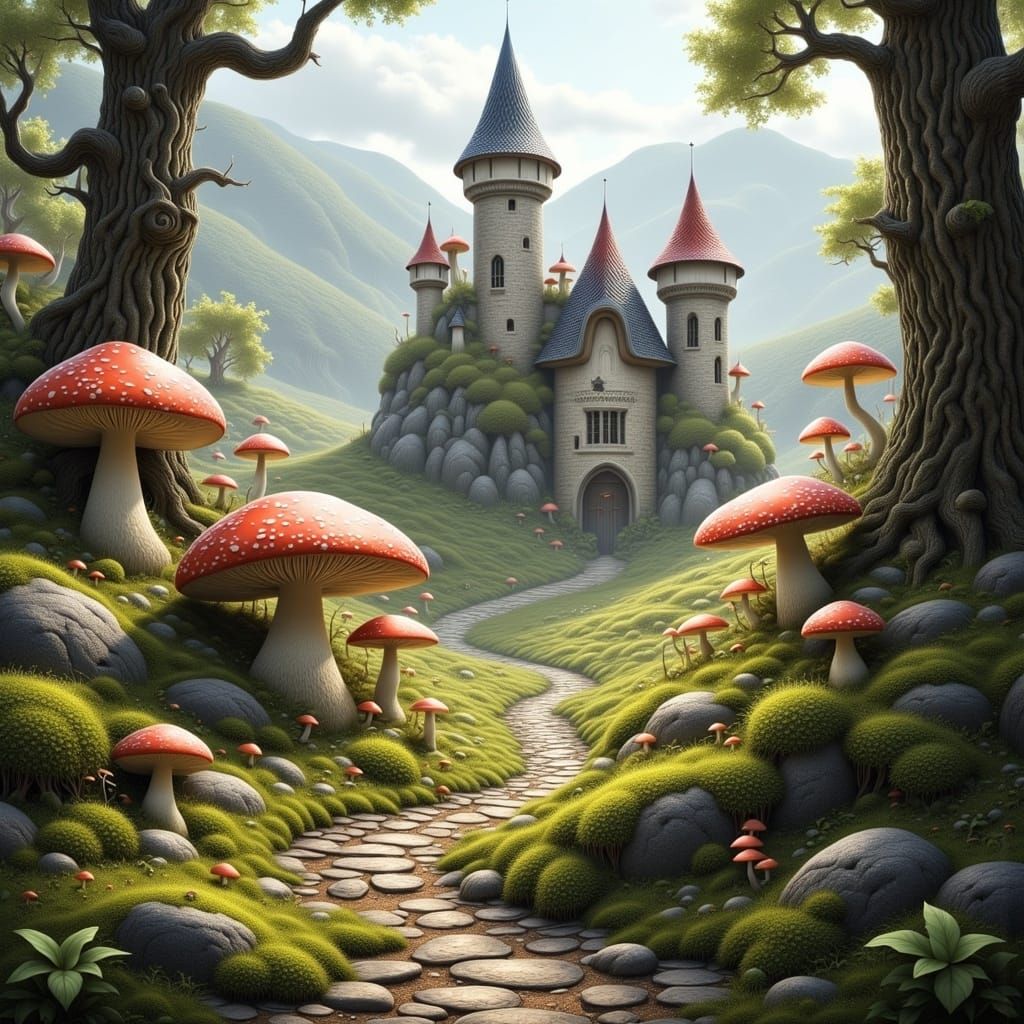 Realistic Castle Amidst a Fantastical Mushroom Forest