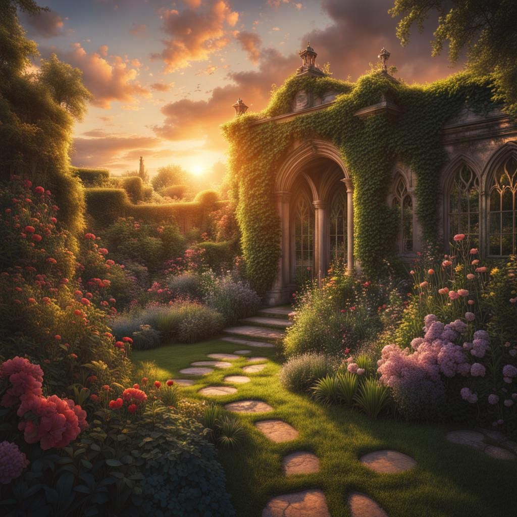 English Secret Garden at Sunset: Digital Matte Painting