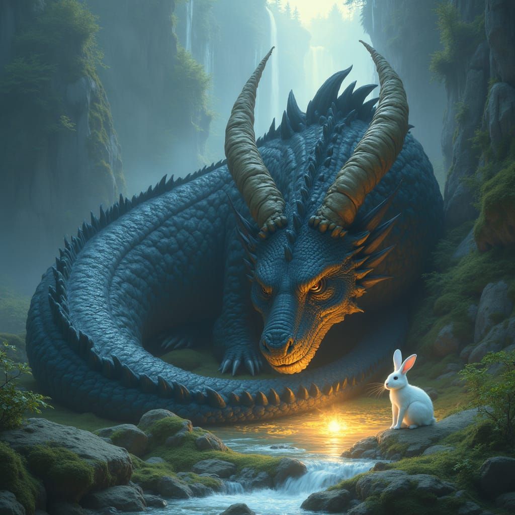 Sleeping Dragon with Rabbit in Fantasy Landscape