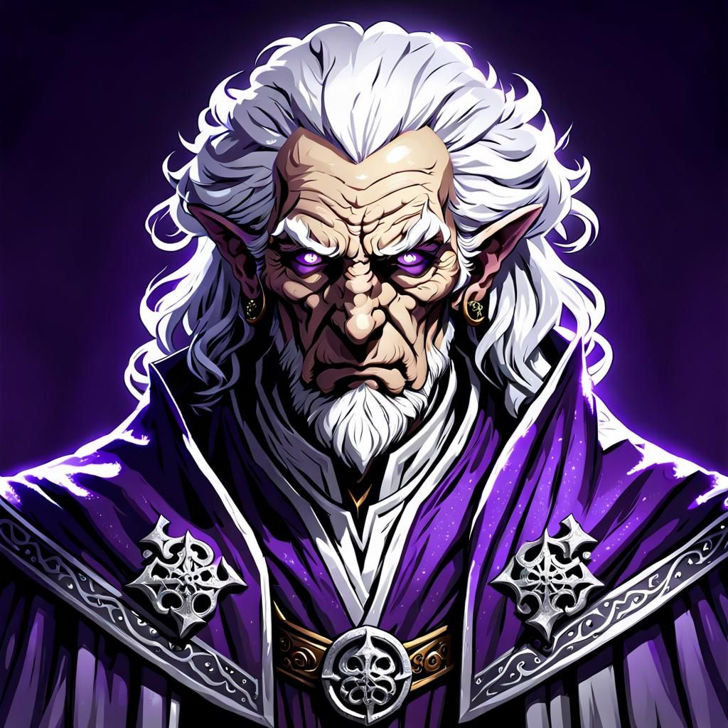 Fantasy Mad Cleric with Silver Hair and Purple Robes
