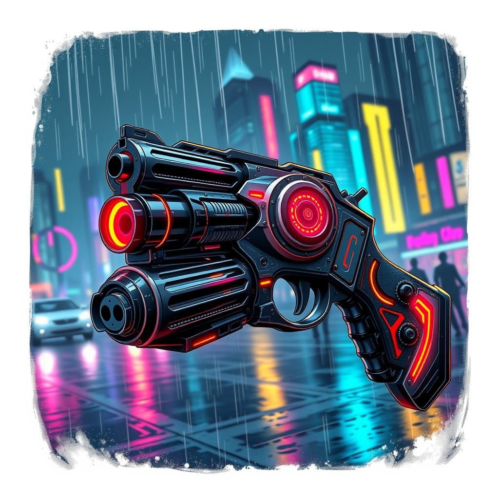 High-Tech Futuristic Gun in Neon-Lit Cityscape