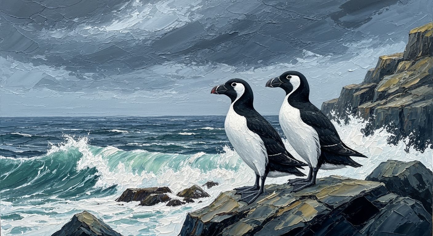 Great Auks on Coastal Cliff as Impasto Painting