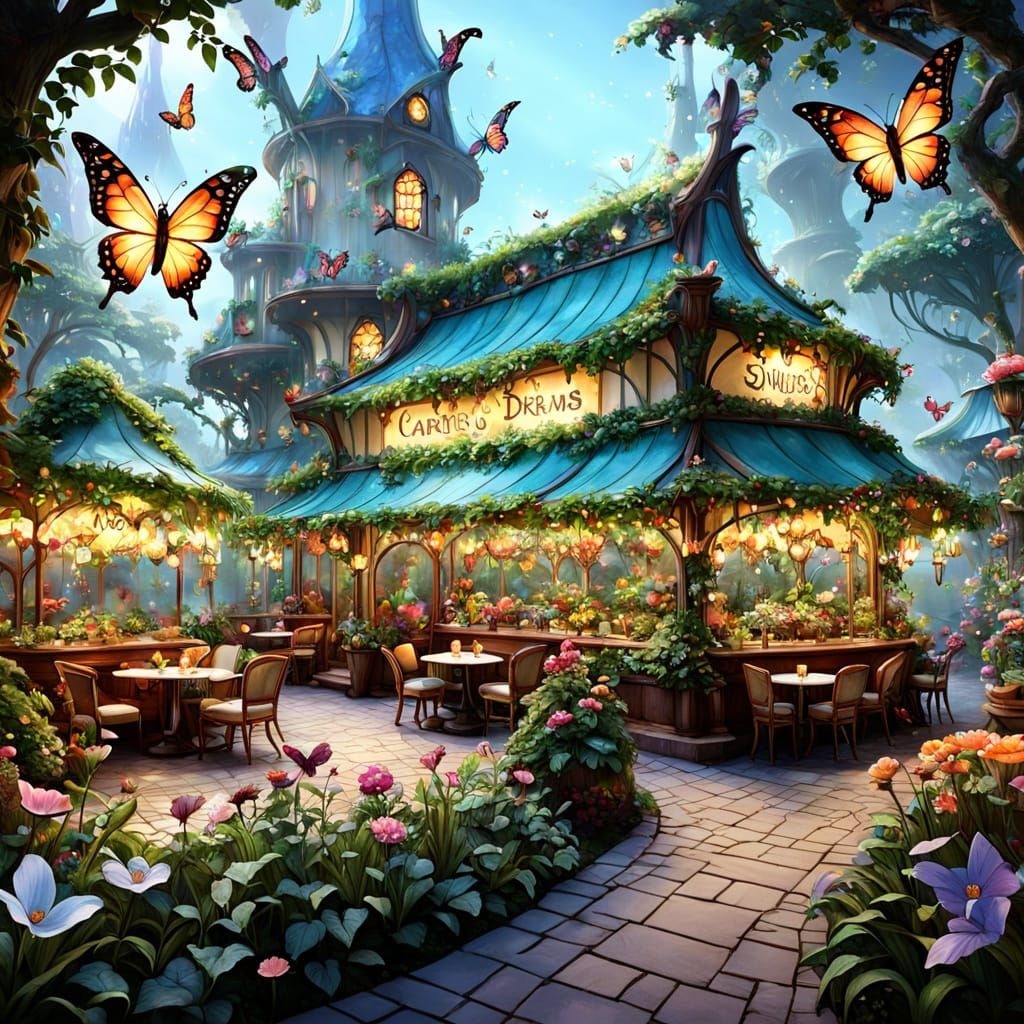 Enchanted Garden Cafe with Fairies and Dragons
