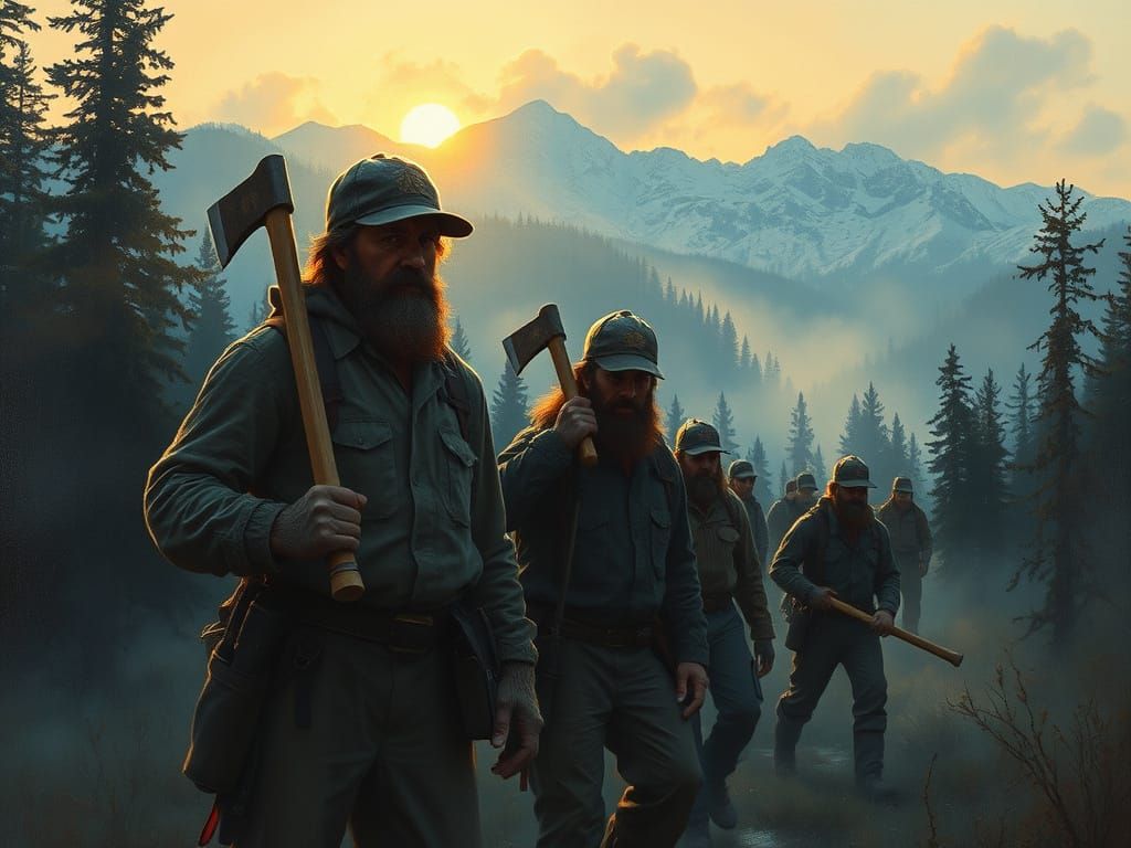 Grizzled Lumberjacks in Misty Mountain Forest at Sunset