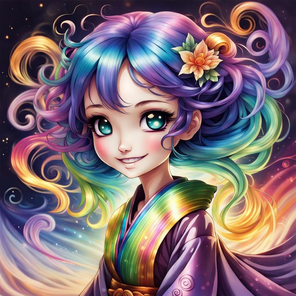 Anime Girl with Rainbow Hair, Fantasy Art