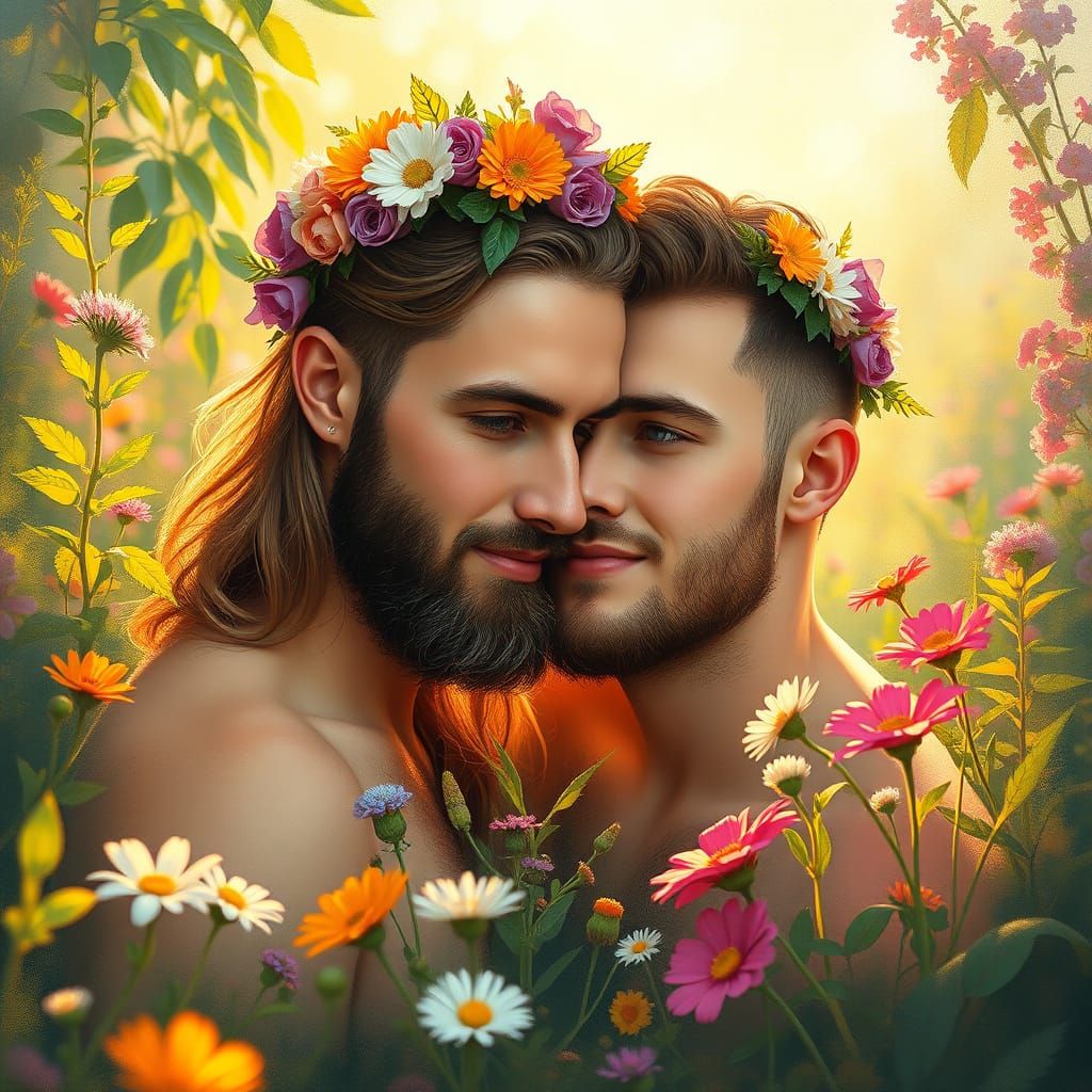 Ethereal Portrait of a Gay Couple in a Vibrant Garden