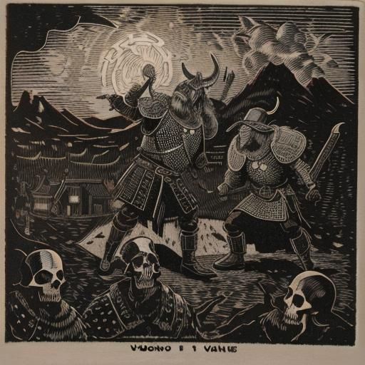 Vikings Play Catch with Skull, Woodcut Style