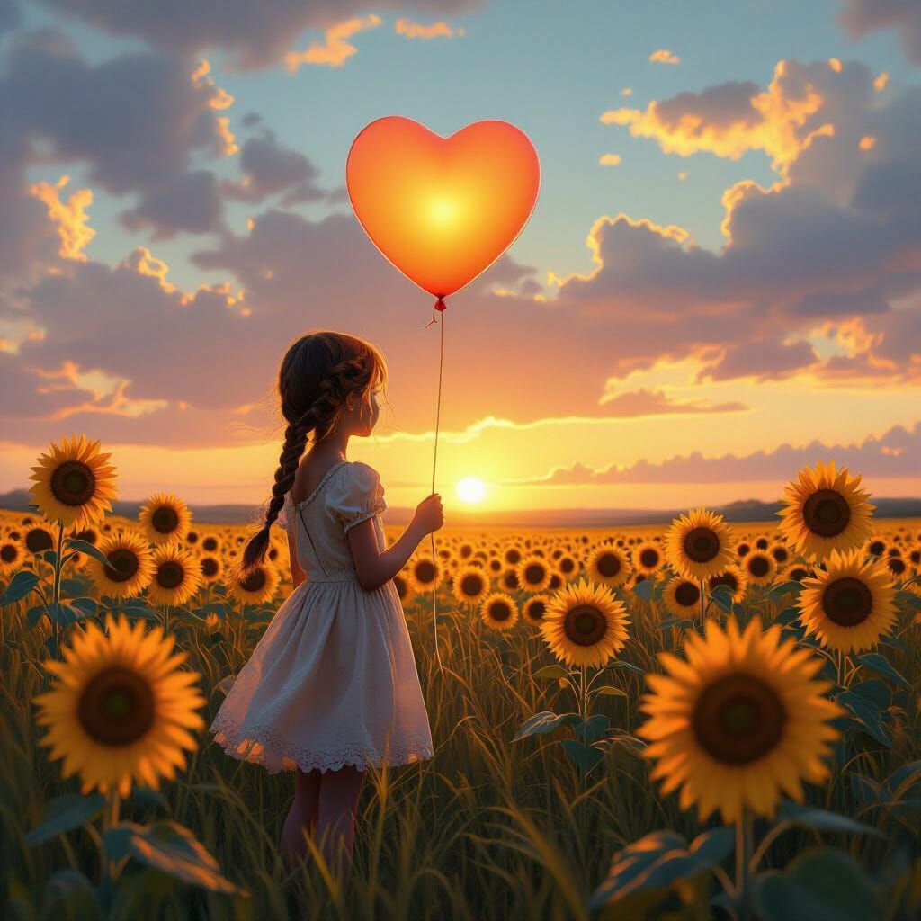 Girl with Heart Balloon in Sunflower Field