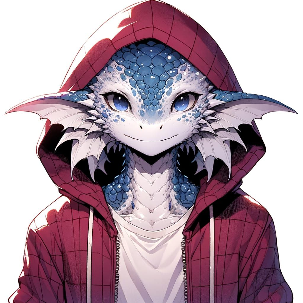Anime Kobold Character in Silver and Blue with Maroon Hoodie