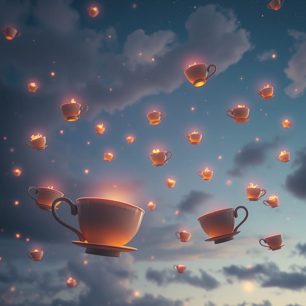 Twilight Teacups with Glowing Spirits: Surreal Dreamscape