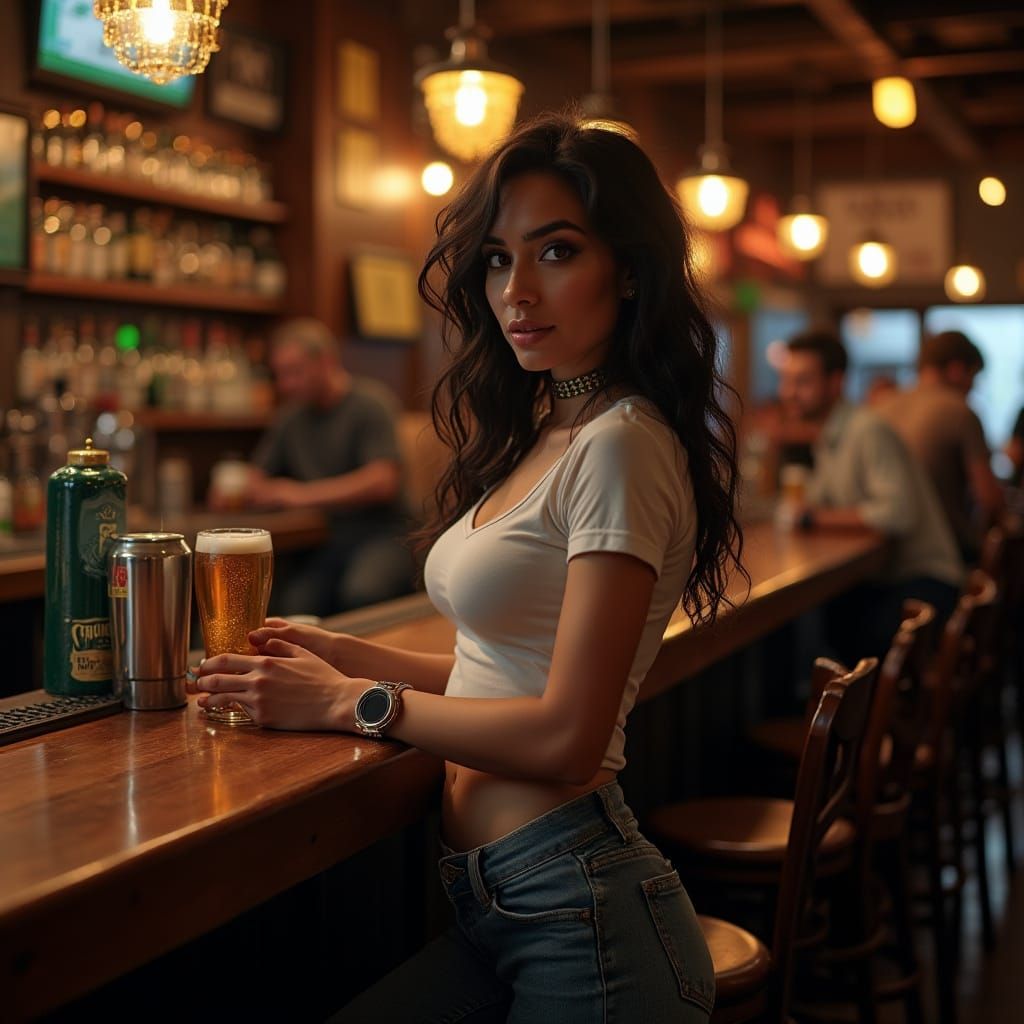 Realistic Photo of Athletic American Woman at Irish Pub Bar