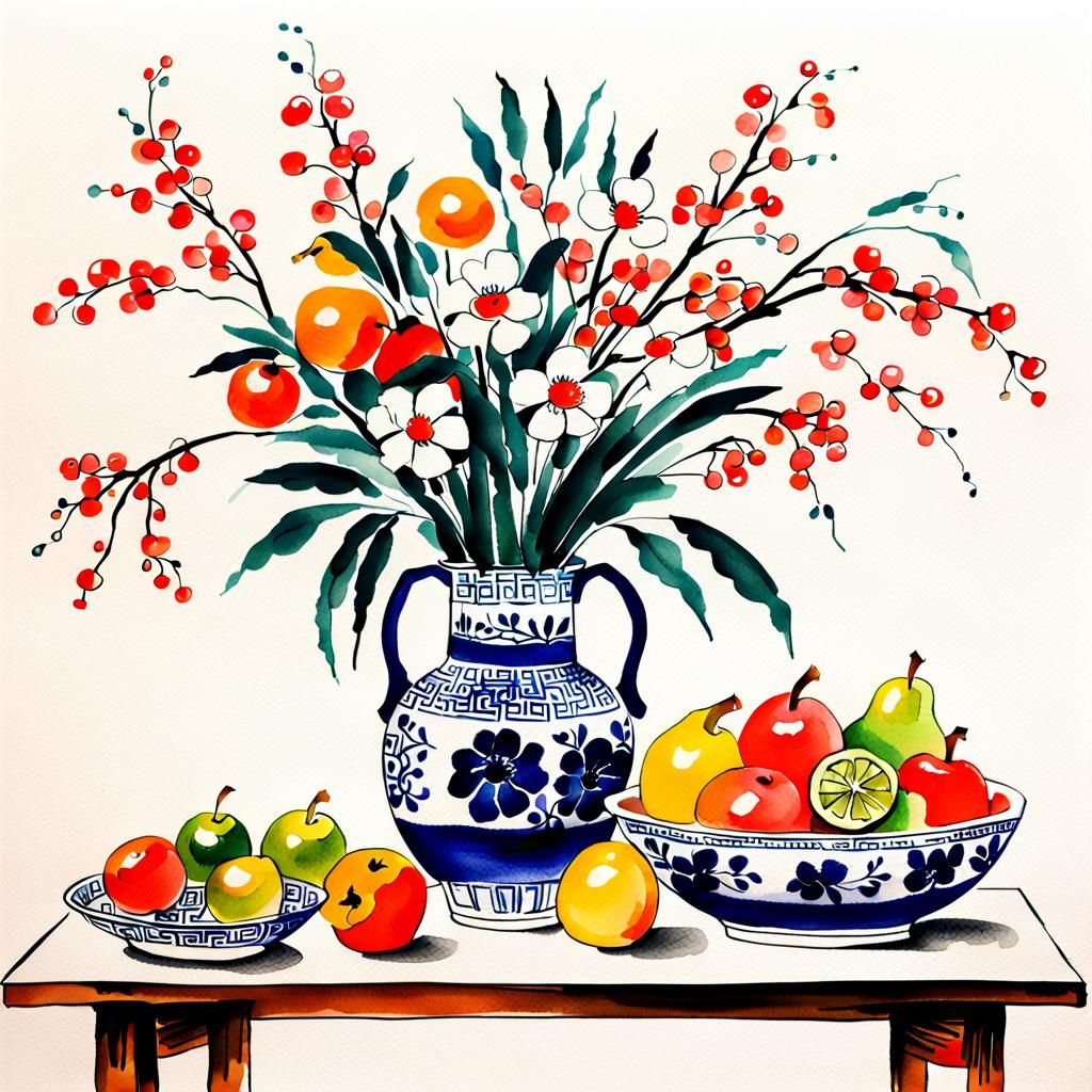 Oriental Watercolor Still Life with Flowers and Fruit