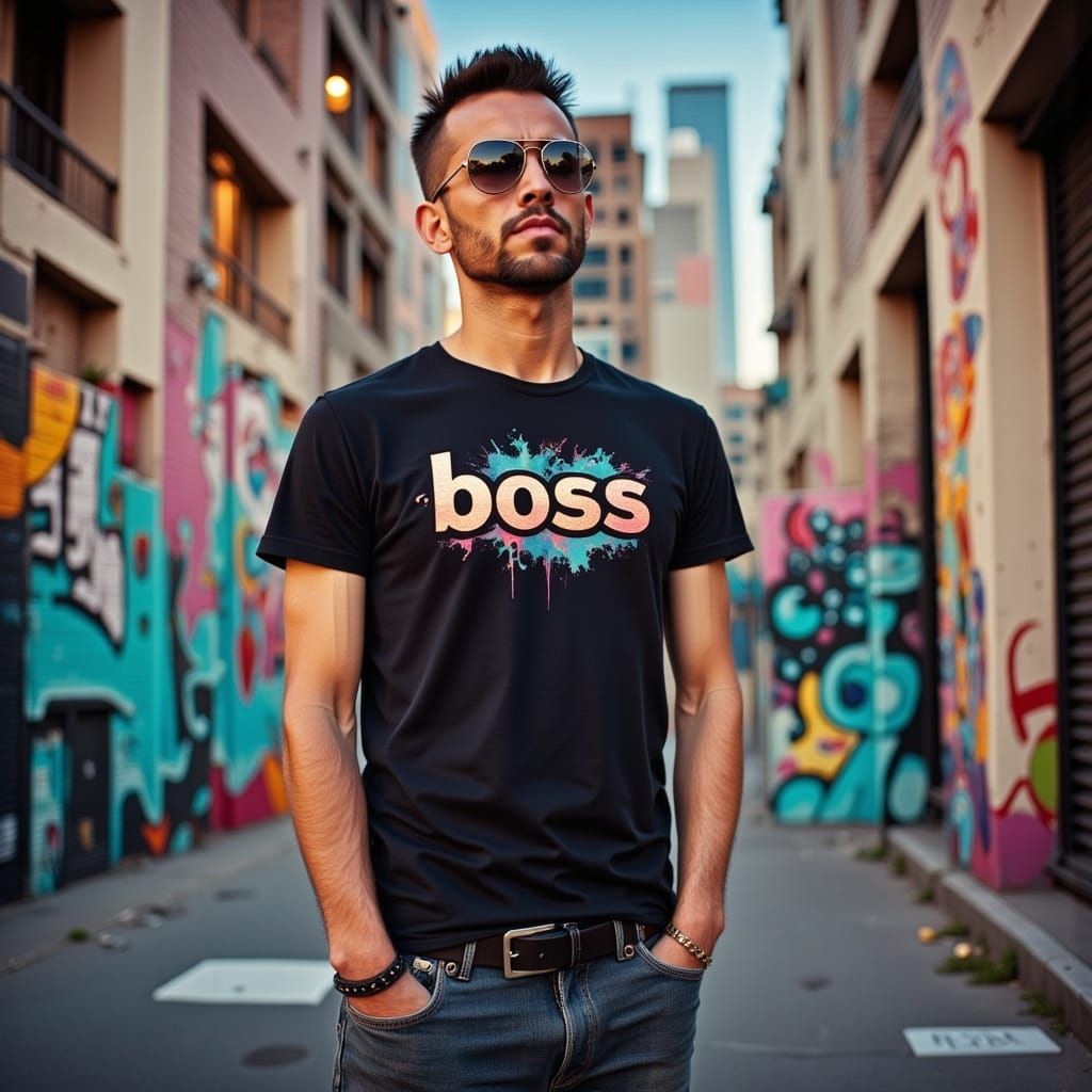 Confident Man with 'Boss' T-Shirt in Synthwave Style