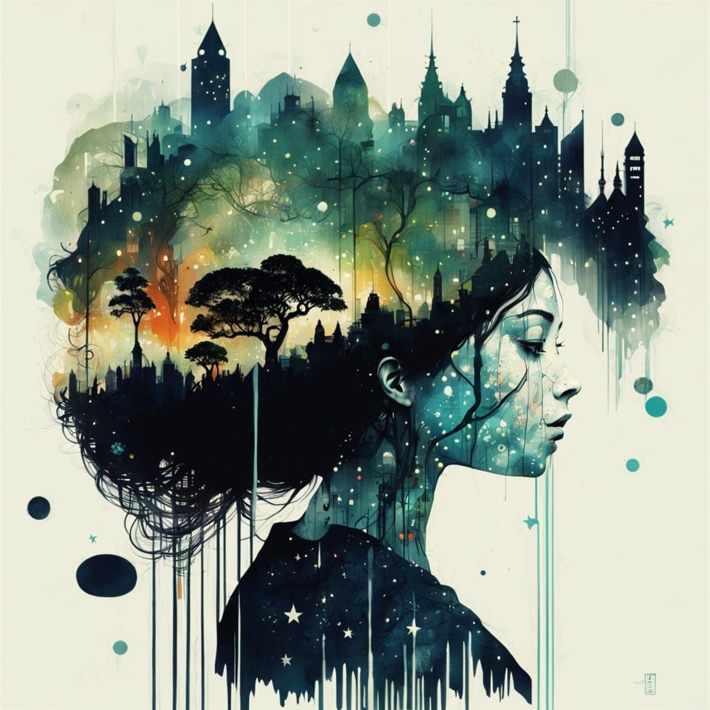 Stunning Galaxy Cityscape with Princess Silhouette in Intric...