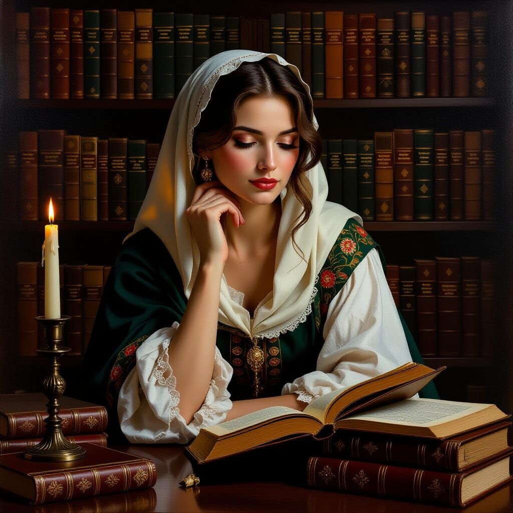 Contemplative Woman with Antique Books, Classic Art