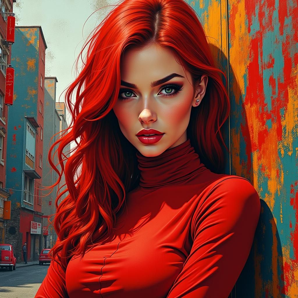 Alluring Red-Haired Woman in Vibrant Cityscape Art