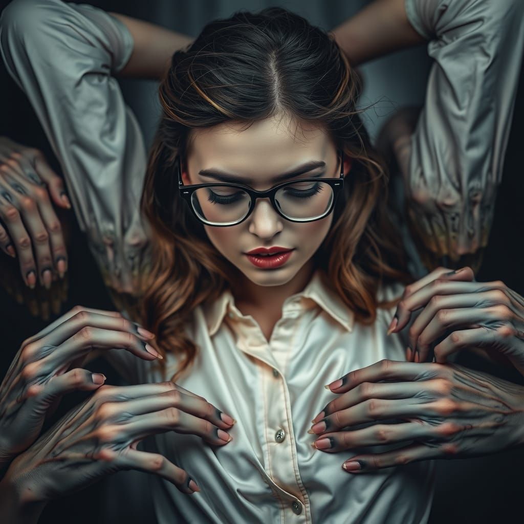 Ethereal Frightened Brunette Surrounded by Ghoulish Shadows