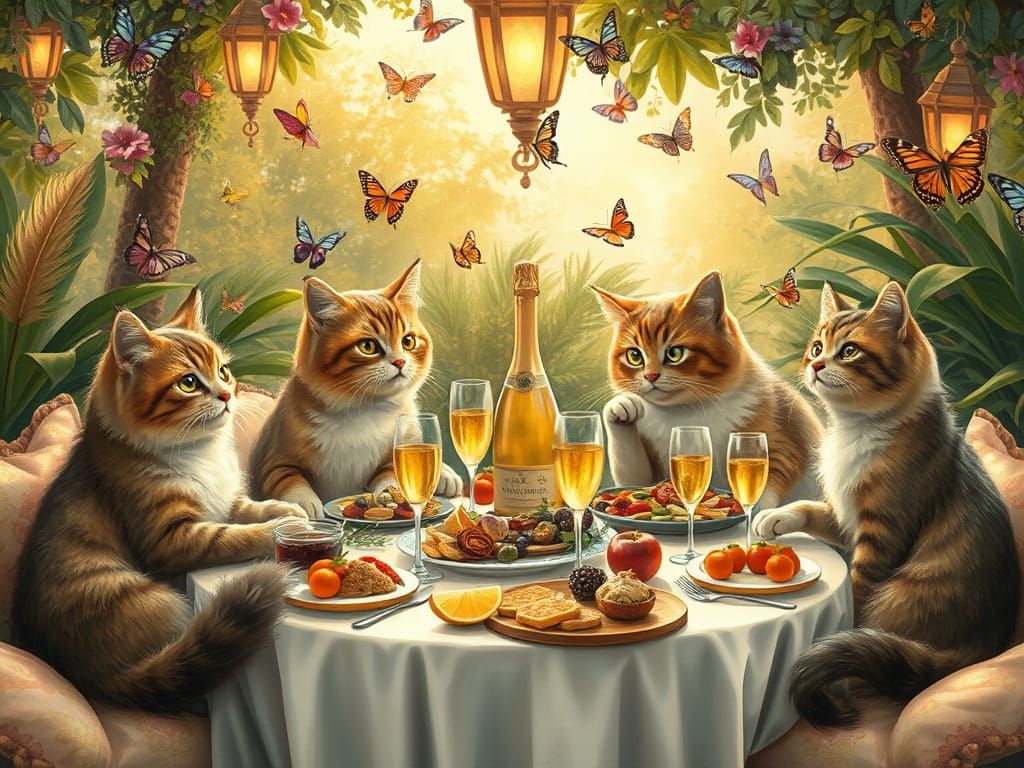 Felines Indulge in Lavish Garden Feast