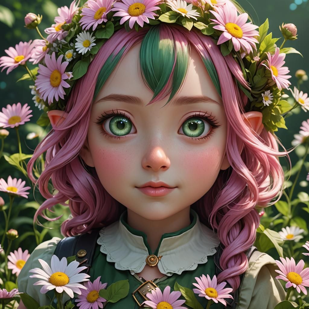 Green Gnome with Pink Hair in Anime Style