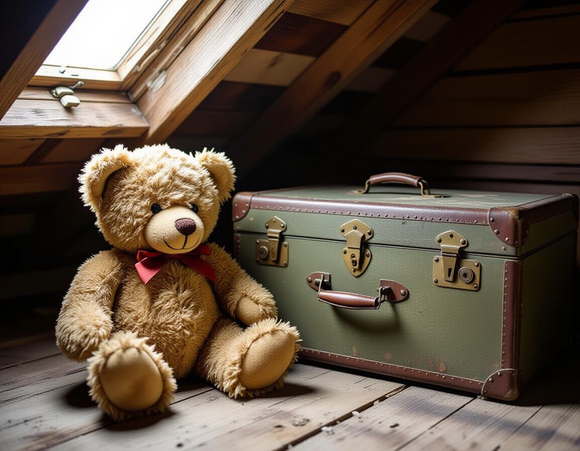 Dusty Attic Scene With Old Teddy Bear and Steamer Trunk