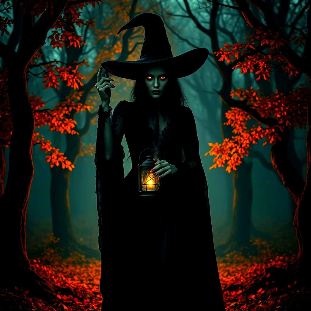 Eerie Gothic Witch in Dark Autumn Forest