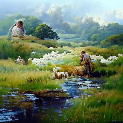 Pastoral Scene of Shepherd and Sheep in Meadow