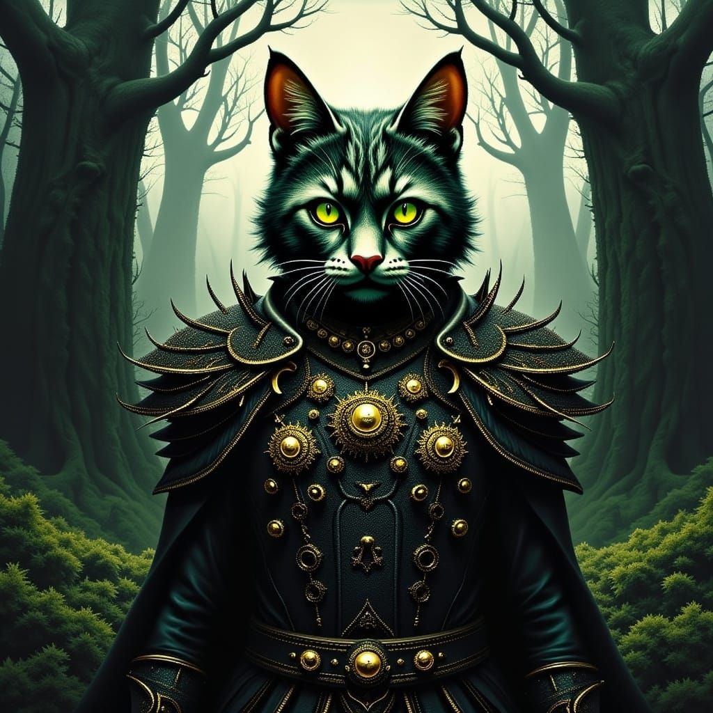 Armored Cat Warrior in Mystical Forest