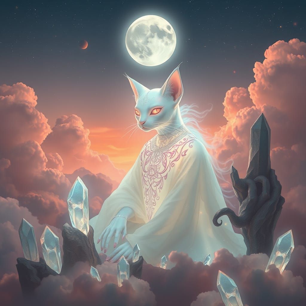 A mystical, humanoid cat creature with delicate, translucent light pink crystalline skin that shimmers like opalescent g...