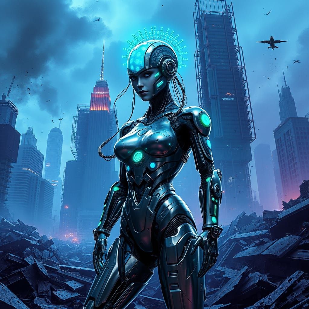 Cybernetic Warrior Emerges from Ruins in Neon-Lit Cityscape