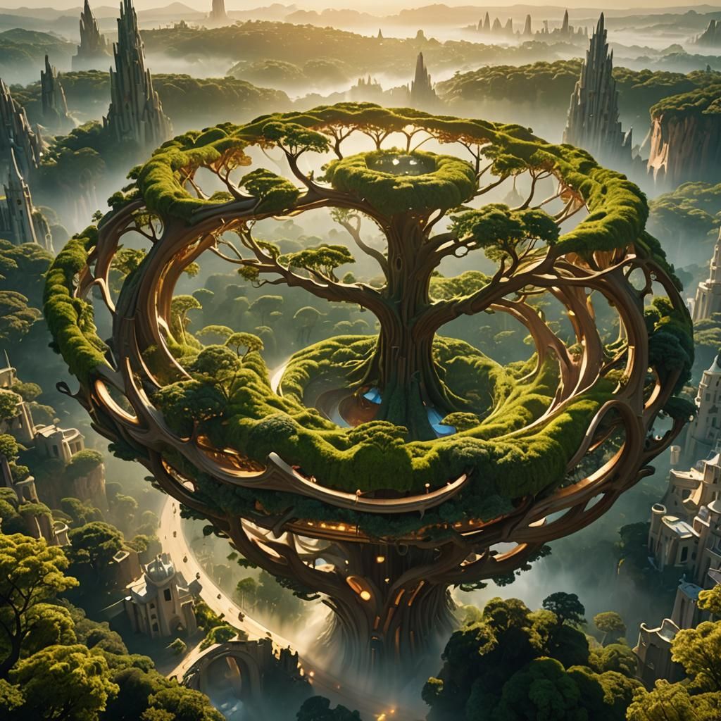 Torus-Shaped Oak City in Dreamlike Landscape