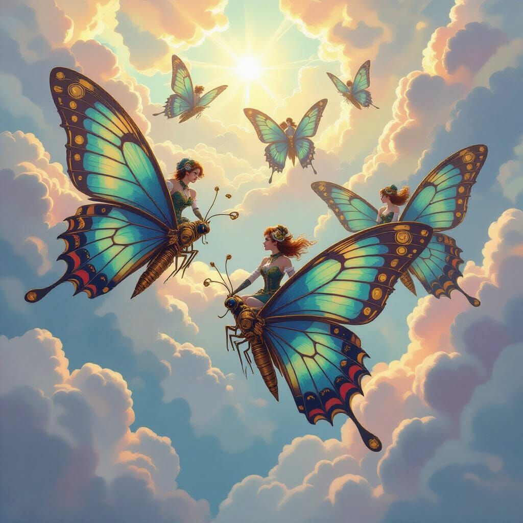 Steampunk Women Ride Giant Butterflies in Fantasy Art Style