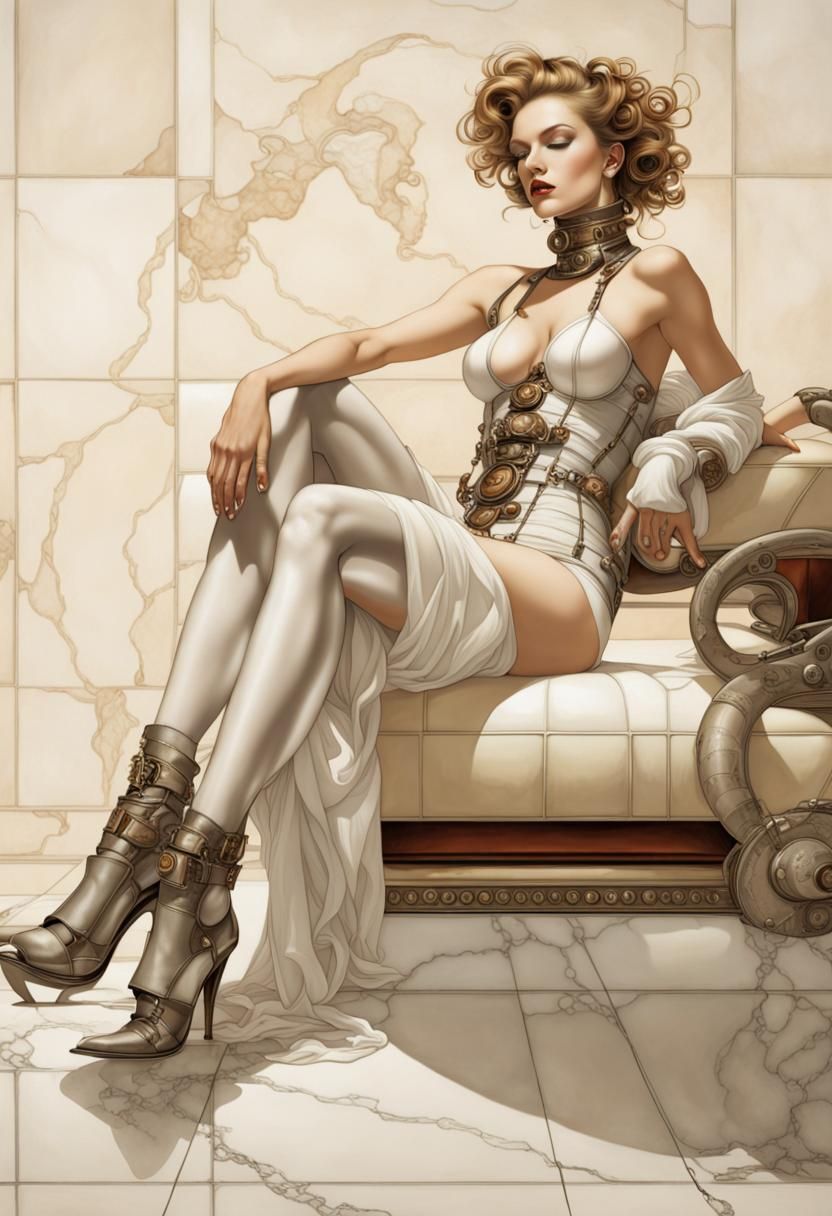 Woman on Marble Lounge in Cyberpunk Steampunk Style