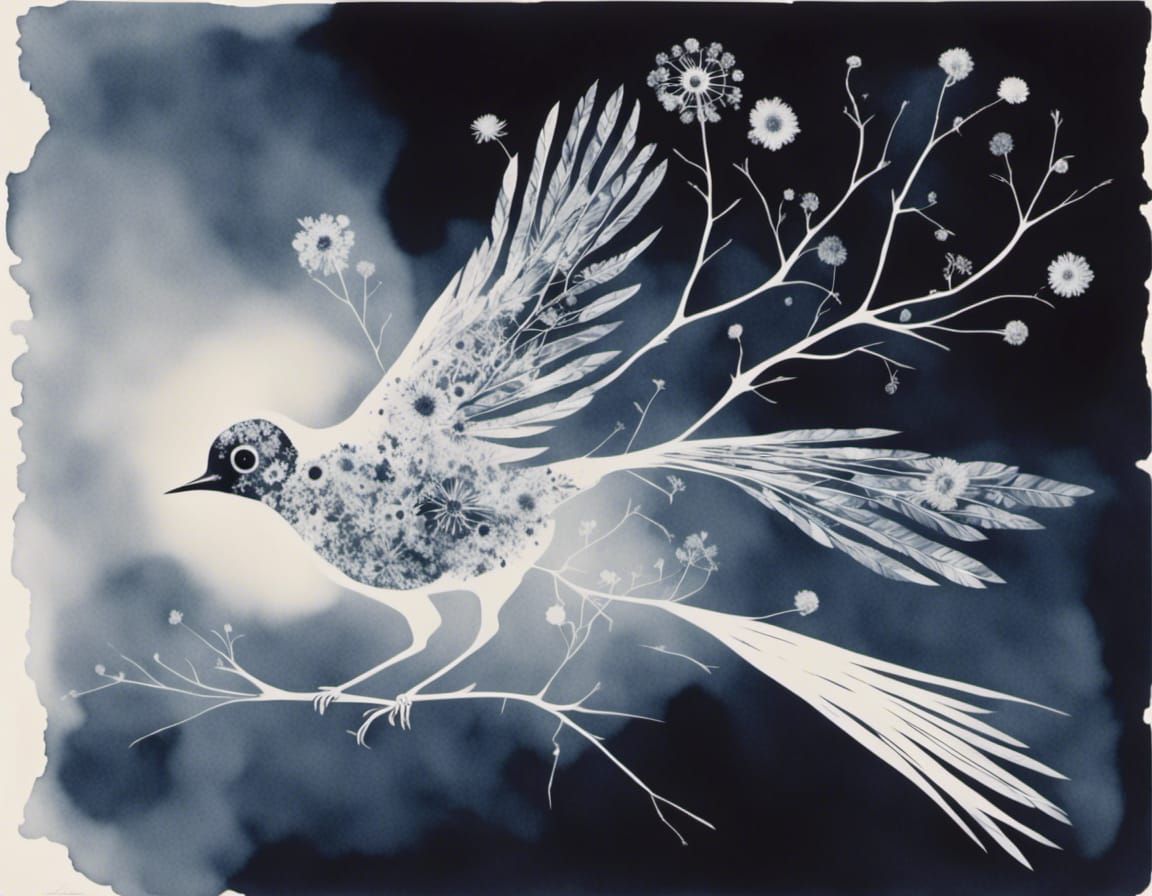 Cyanotype Print with Photogram and Retro Elements