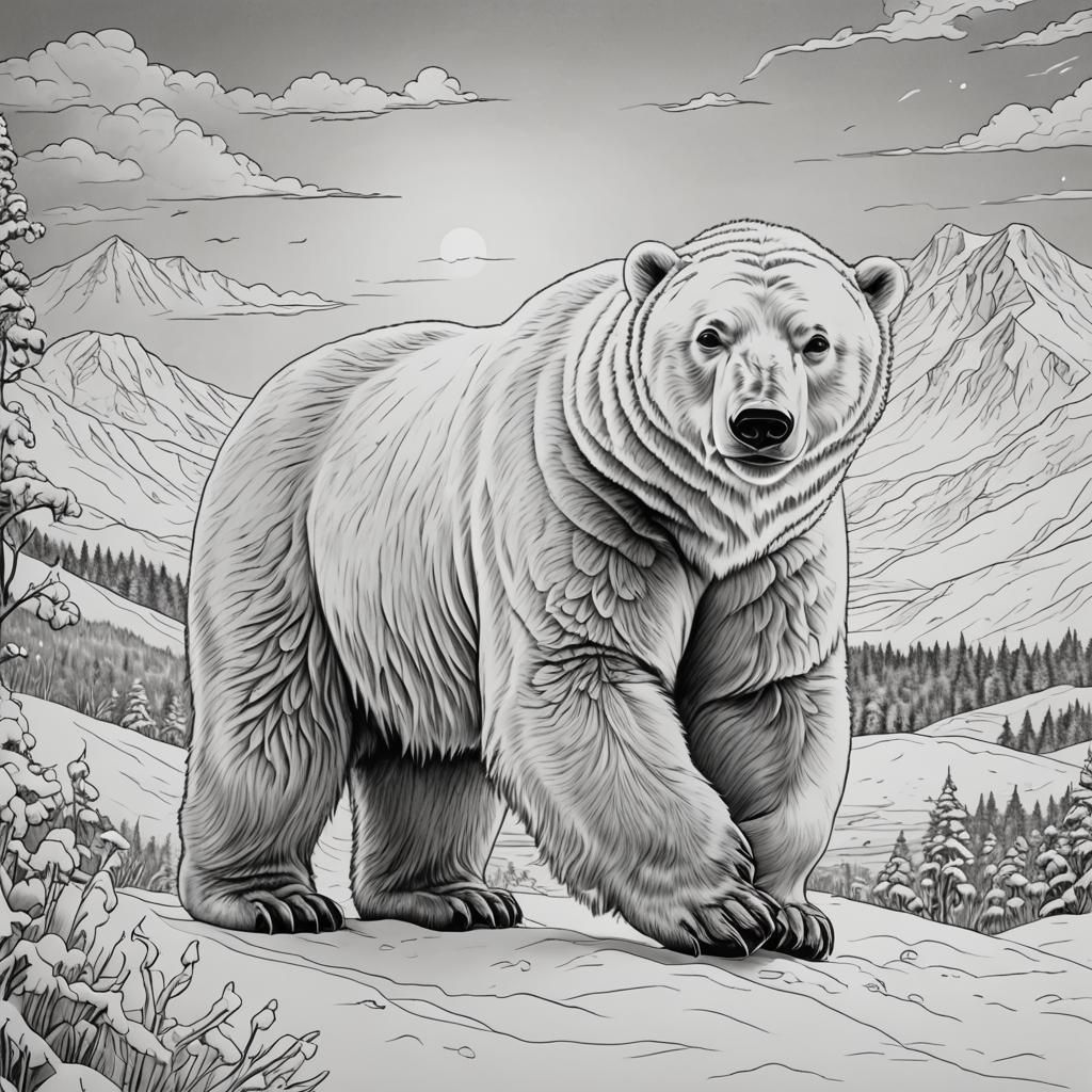 Majestic Polar Bear Coloring Page in Black and White
