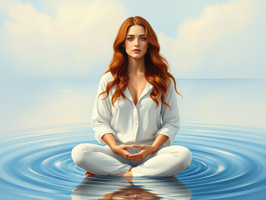 Beautiful Woman Meditating on Private Island in Watercolor S...