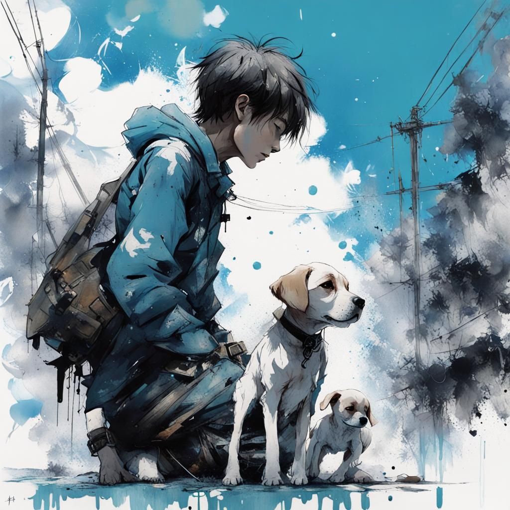 Boy and Puppy Ink Drawing in Maximalist Style