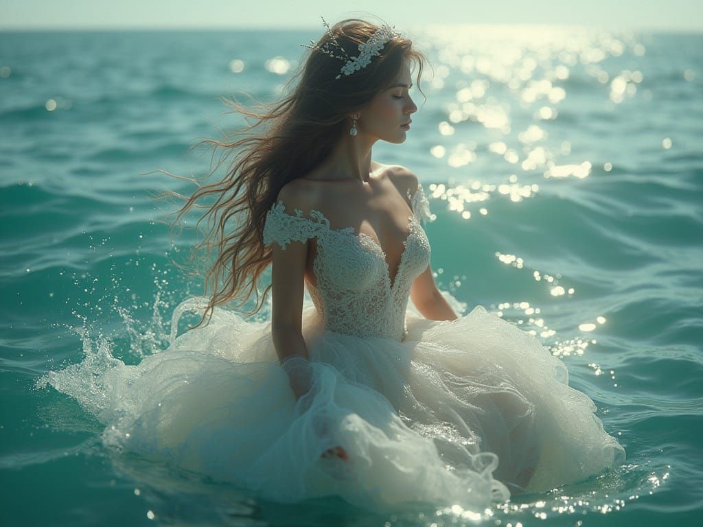 Bridal Costume Shrinking in Ocean: Hyperdetailed Concept Art