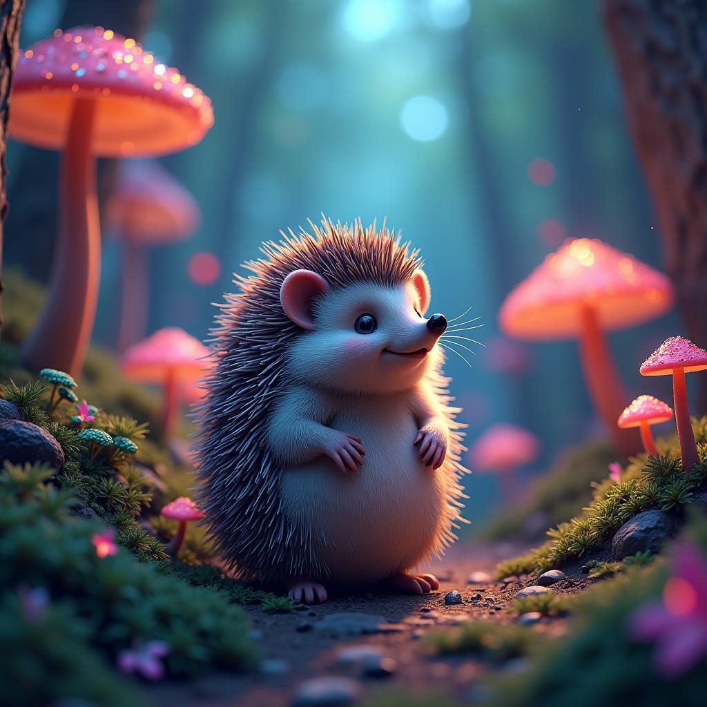 Happy Hedgehog in a Surreal Jewel-Toned Forest