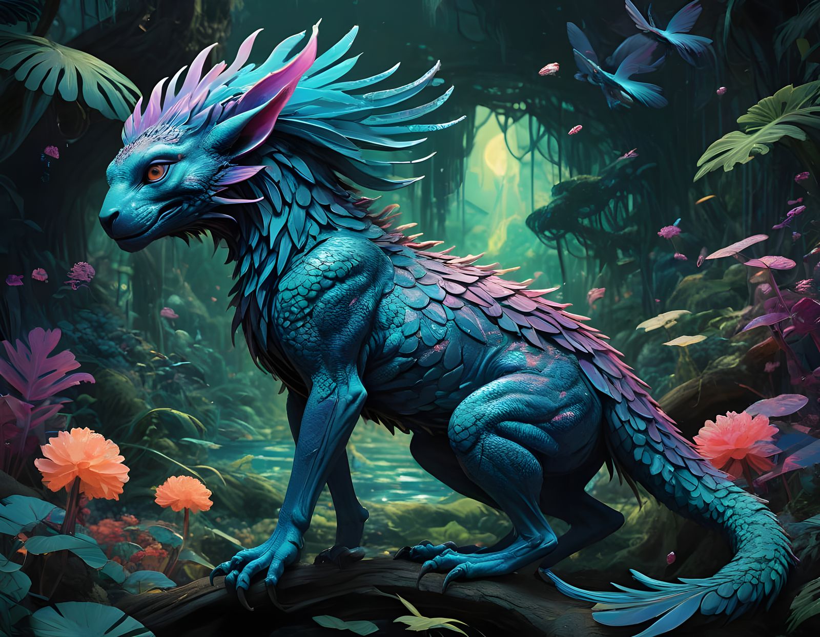 Vibrant Robin Egg Blue Mythical Beasts in Alien Jungle