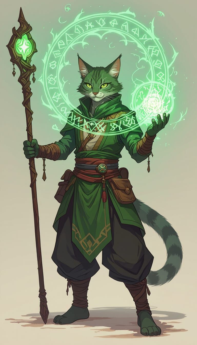 Catfolk Mage Prepares Healing Spell with Enchanted Staff