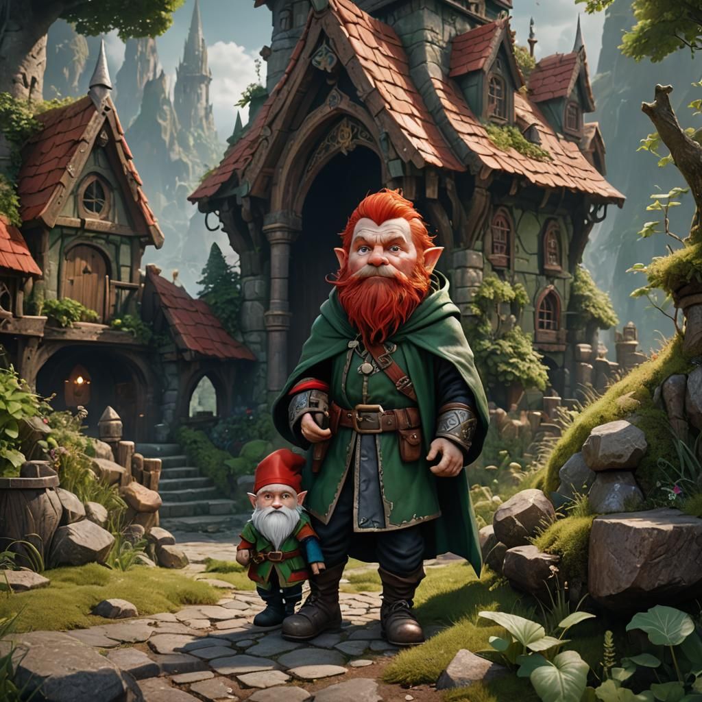 Fantasy Art of Red-Haired Gnome in Green Cloak