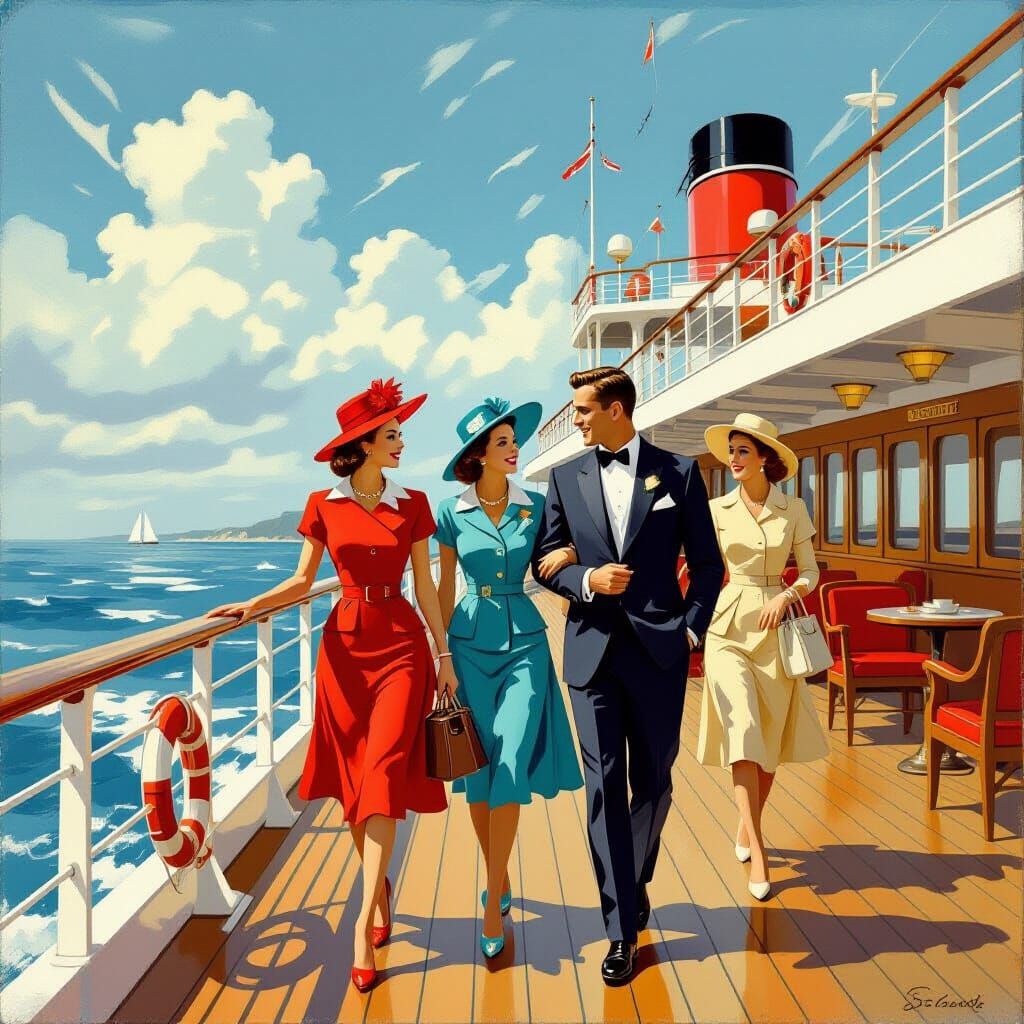 Luxury Cruise Ship Deck Scene in Maritime Art Style