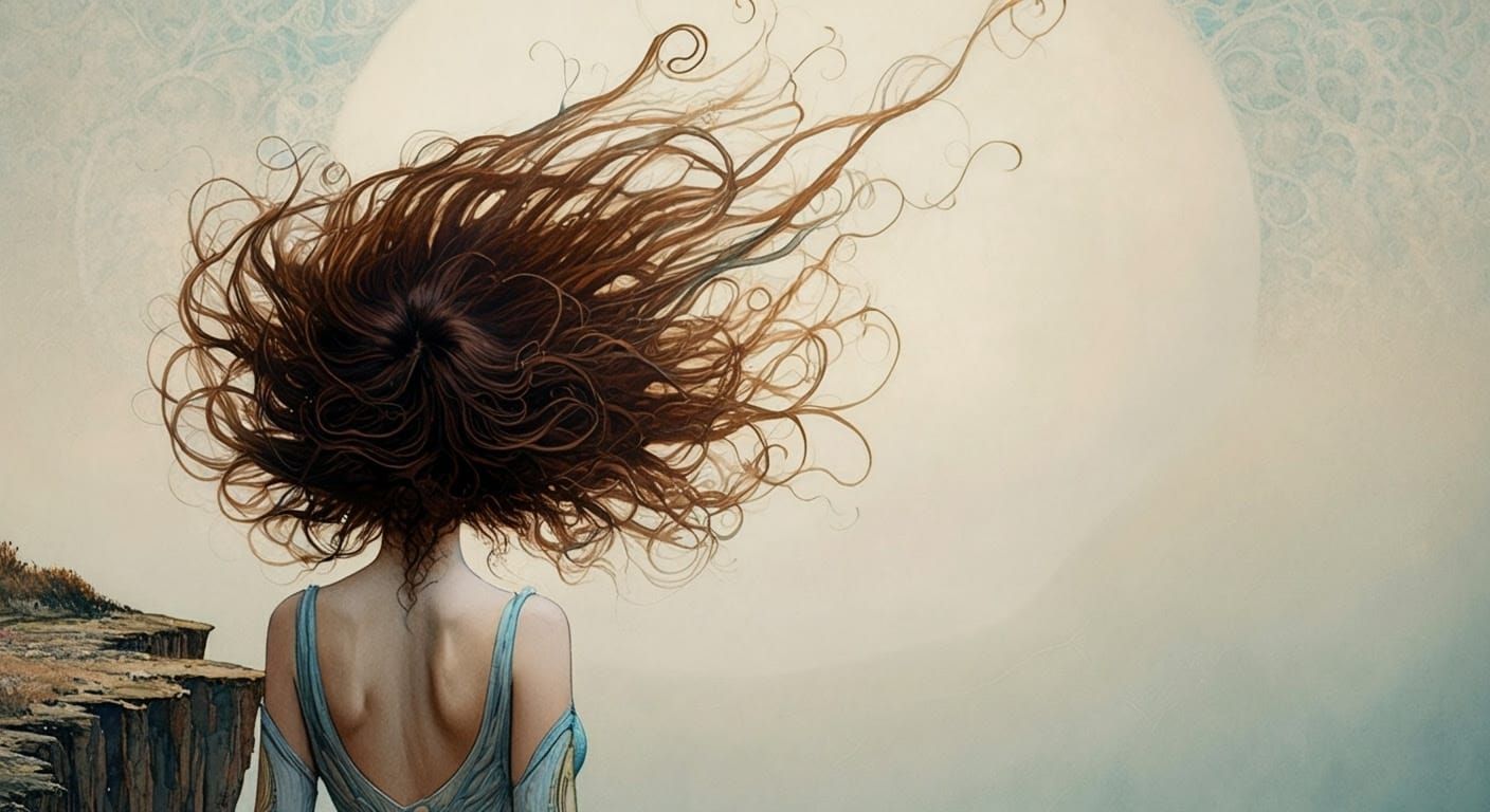 Whimsical Woman with Free Flowing Hair in Ethereal Aura