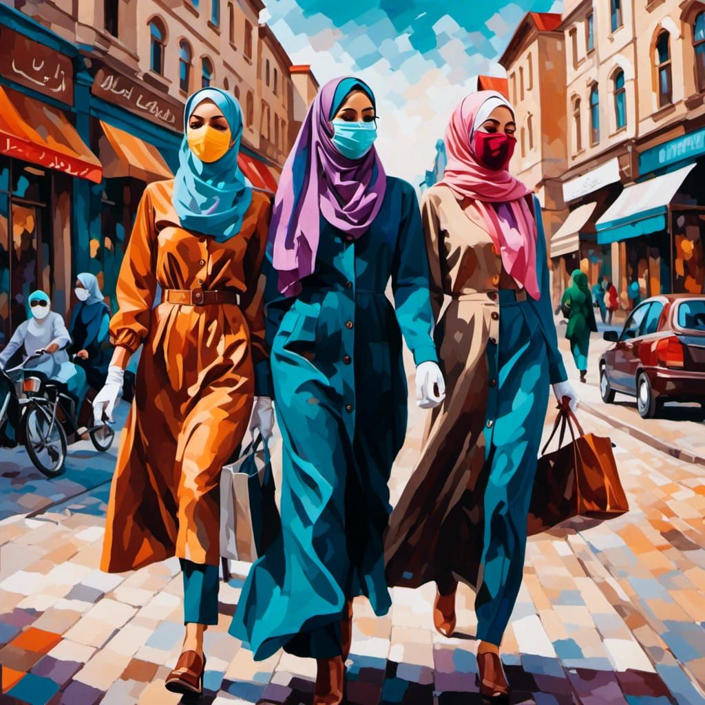 Hijabi Women in City: A Painted Portrait