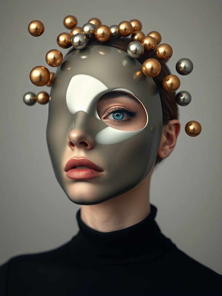 Surreal Portrait: Woman with Mask and Floating Spheres