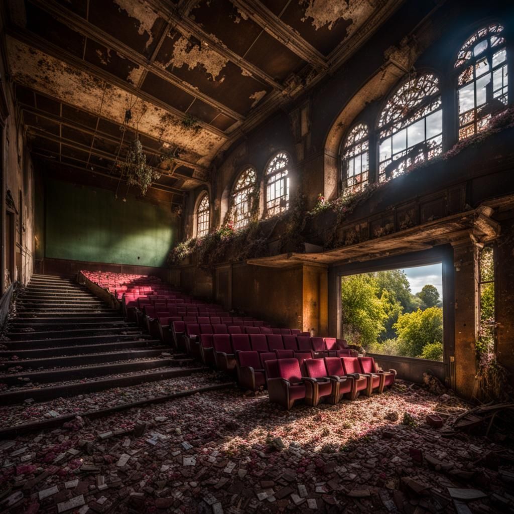 Decaying Cinema Interior Reclaimed by Nature
