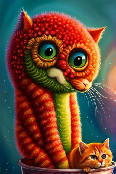 Adorable Yarn Monster Cat in Whimsical Spring Scene